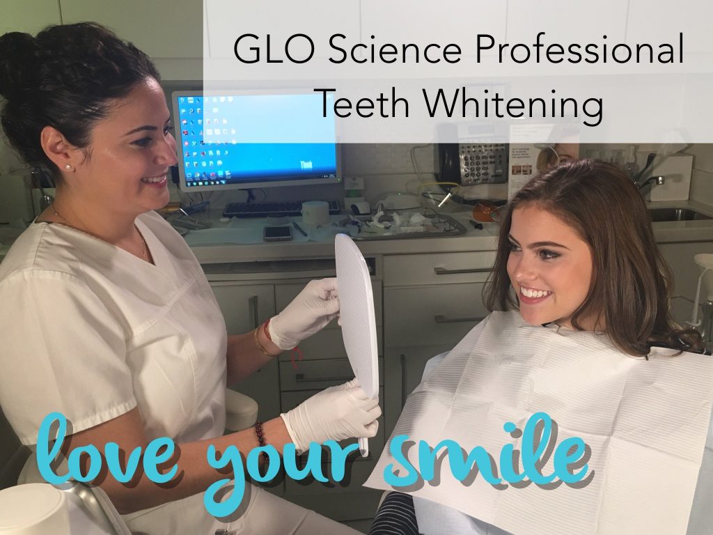 Dental professional holding a mirror for a patient. Text on photo reads "GLO Science Professional Teeth Whitening. Love your smile"